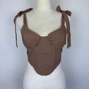 Brown Chic Women's Corset Top Tie Shoulder Zipper Back Bustier Crop Top Size Med